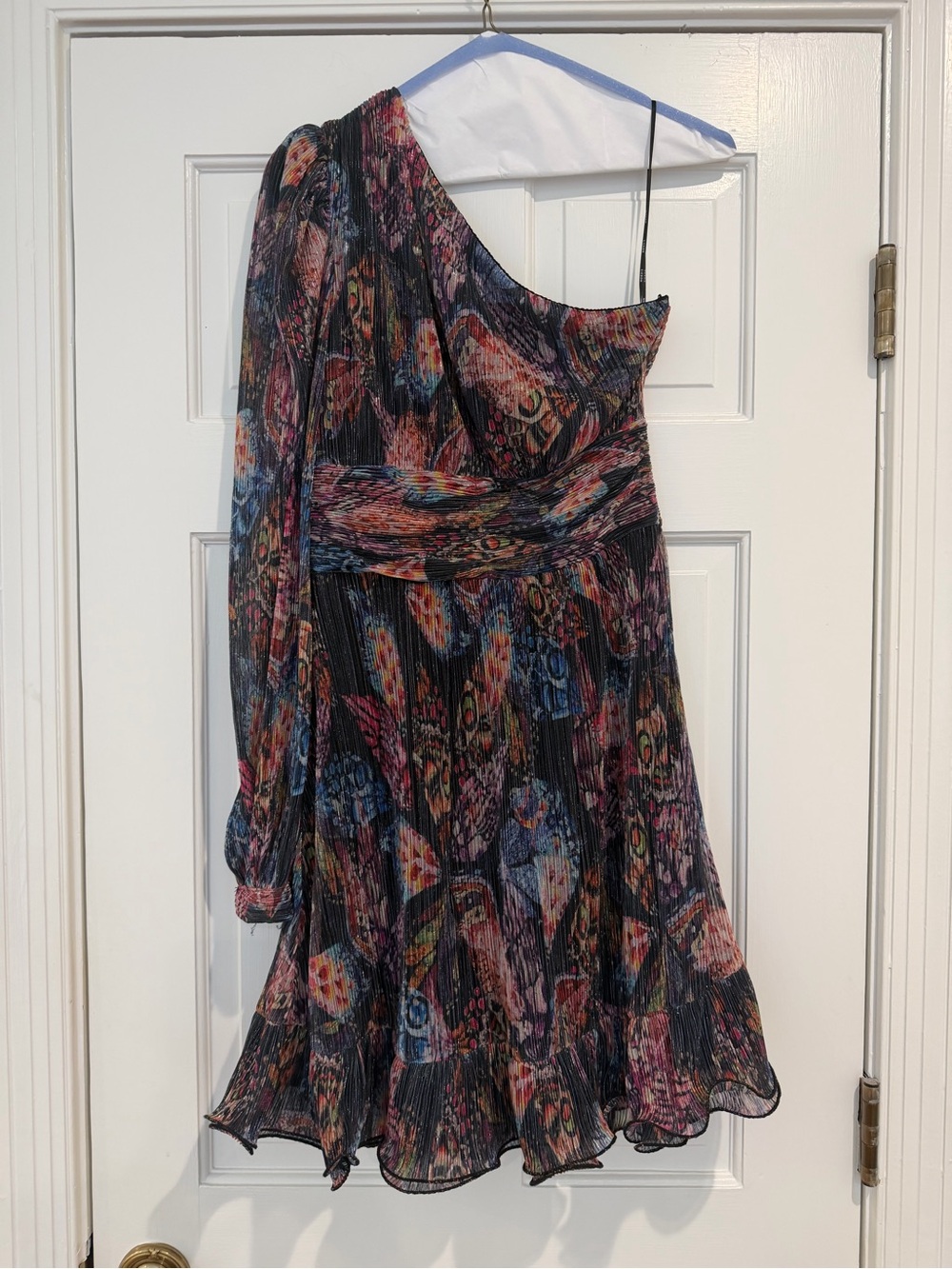 One-Shoulder Multicolor Feather-Print Mini Dress